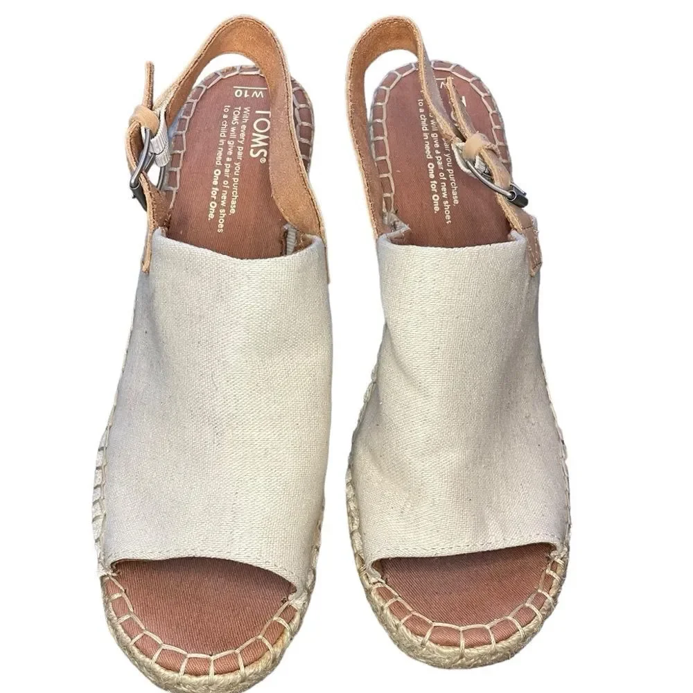 Tom's Monica Wedge Espadrille Adjustable Strap Creme Color Open Toe Size 10